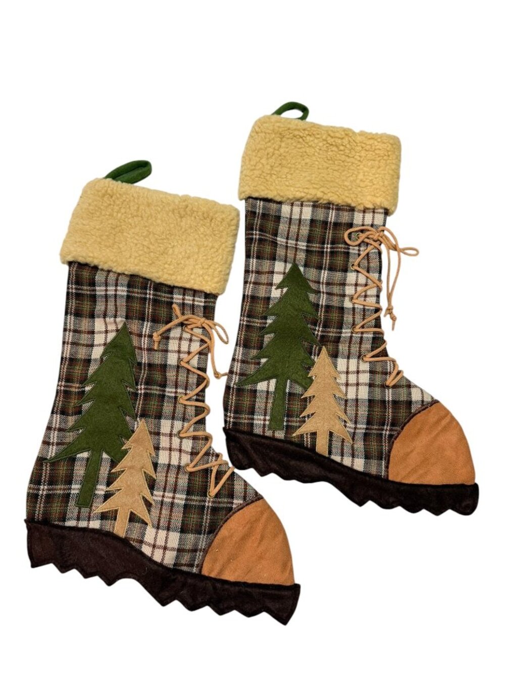 Plaid Hiking Boot Christmas Stockings Set of 2 Rustic Lodge Sherpa Trees 18 Inch